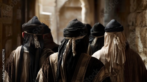 Ancient Jewish Pharisees with their backs walking in the ancient city of Jerusalem. Pharisees in black robes walking around looking for Jesus Christ in the ancient synagogue.