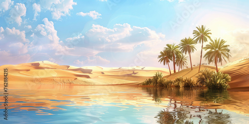 Beautiful oasis in the sandy desert, panorama of the desert landscape, sunset over the sands