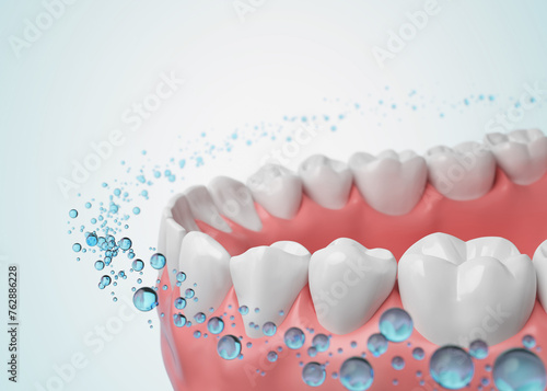 Healthy gums and teeth with fluoride Liquid Bubble Protect and Cleaning. Oral hygiene and Dental concept, 3d rendering.