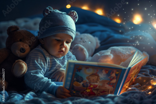 Bedtime Story: a baby reading a bedtime story in the bed cozy pajamas and stuffed animals nearby.
