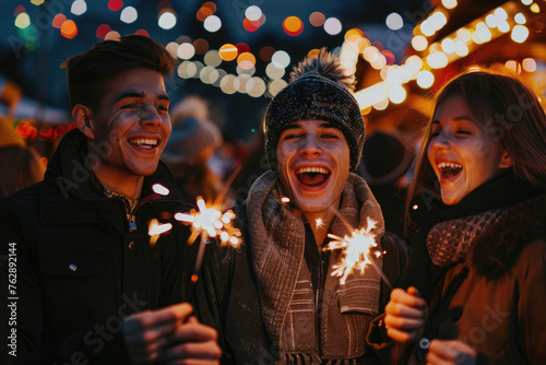photo of young friends having fun with sparklers at a Christmas market, happy people celebrating the winter holiday in a city square