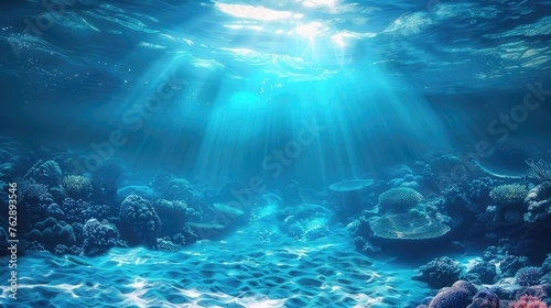 Serene Seabed: Captivating Blue Ocean Background with Sunlight and Undersea Wonders