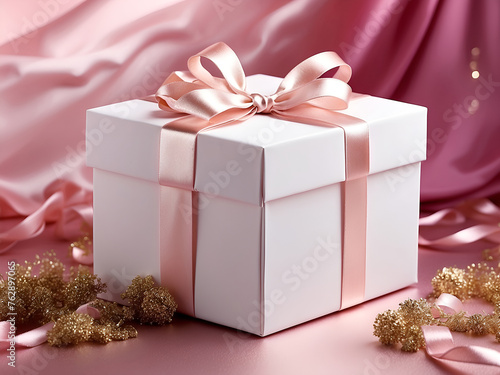 Un joli petit paquet cadeau d'anniversaire emballé avec un élégant ruban sur un fond rose festif avec des décorations dorées et scintillantes