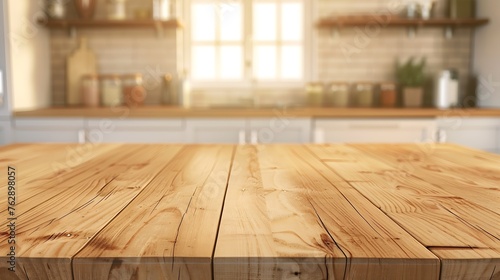 Wood table top on blur kitchen counter roombackgroundFor montage product display or design key visual layout : Generative AI