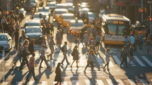 Crowds of people walking across a busy crosswalk at the intersection of 23rd Street and 5th Avenue in Manhattan New York City NYC : Generative AI