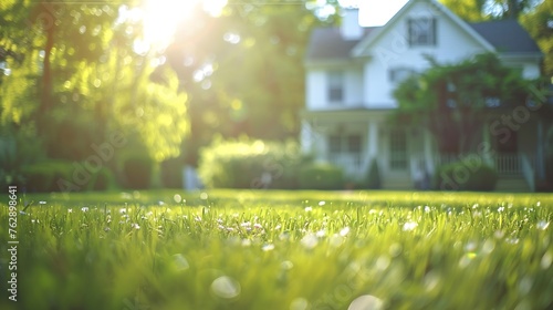 Blurred view of beautiful house with green lawn on sunny day : Generative AI