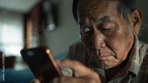 An elderly Asian man has blurred vision from staring at his phone for a long time : Generative AI