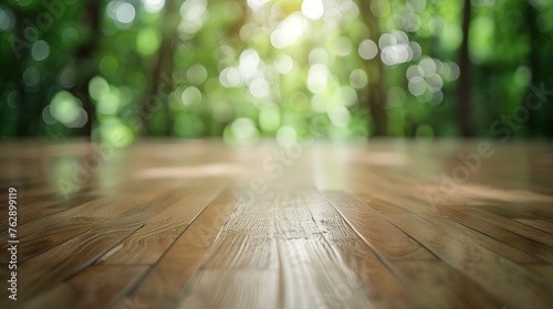 Wood floor with blurred trees of nature park background and summer season product display montage : Generative AI