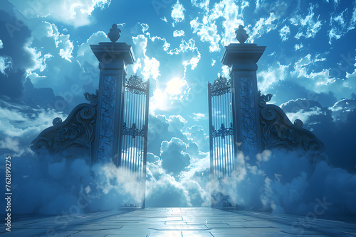 Majestic afterlife entrance with gates of heaven leading to a meeting with god.