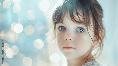 Charming child with brown hair looking at camera delightfully against blurred background of light room : Generative AI