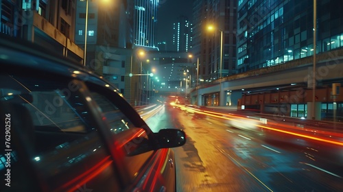 Motion time of a speedy night drive in a big city ending in the underground car parking Side view from the car window to the road with light trails from vehicles and street lights : Generative AI