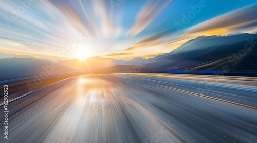 Empty long mountain road to the horizon on a sunny summer day at bright sunset with motion blur Backplate or Backdrop background : Generative AI