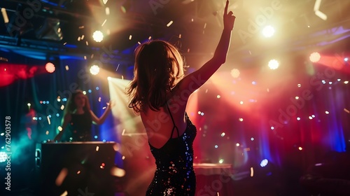 Stylish student girl dancing in a nightclub Holiday atmosphere Black and gold dress trend Disco party Attractive glamor sexy young woman Night life emotions Birthday celebrations blur : Generative AI