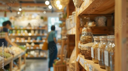 Blurred background of interior in zero waste shop Customers buying dry goods and bulk products in plastic free grocery store Conscious shopping sustainable small businesses minimalist : Generative AI
