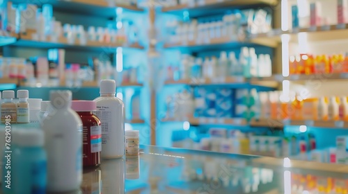 pharmacy table counter with blur shelves of drug in the drugstore background For create montage medical product : Generative AI