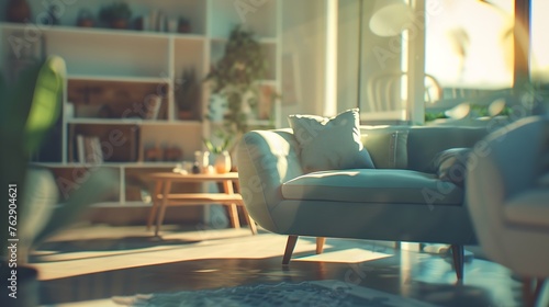 Blurred view of modern living room with sofa and soft bench room interior with couch armchair and coffee table or shelving units stylish living room comfortable workplace near big win : Generative AI