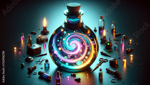 Mystical Potion Bottle with Swirling Galaxy Inside on Alchemist Table