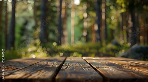 Beautiful blurred boreal forest background view with empty rustic wooden table for mockup product display Picnic table with customizable space on tabletop for editing Flawless : Generative AI
