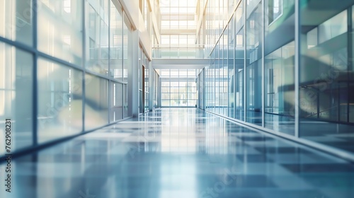 Office building lobby hall blur background or blurry school hallway corridor interior view looking toward empty corridor entrance glass curtain wall and floor with exterior light illum : Generative AI