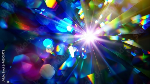 Blue light flare prism rainbow flares overlay effect on black background light crossing crystals prismatic sun catcher reflections rays Abstract blurred colourful lens flare bokeh on d : Generative AI