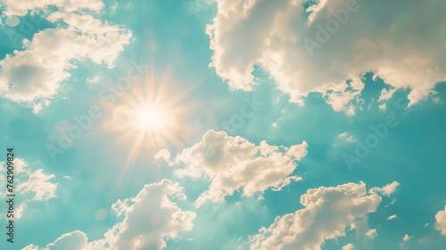 Sunshine clouds sky during morning background Bluewhite pastel heavensoft focus lens flare sunlight Abstract blurred cyan gradient of peaceful nature Open view out windows beautiful su : Generative AI