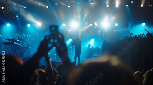 Vocalist in front of crowd on scene in stadium Bright stage lighting crowded dance floor Phone lights at concert Band blue silhouette crowd People with cell phone lights : Generative AI