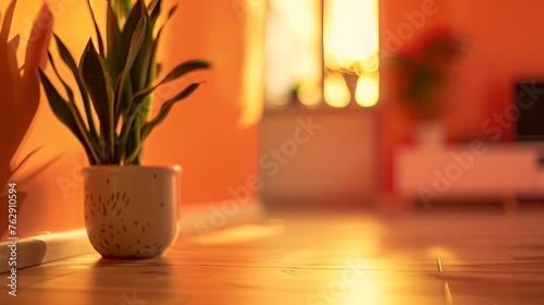 Blur background interior design minimalist living room parquet floor tv cabinet potted plant Tiles and decors Blurred background with bokeh orange red light : Generative AI