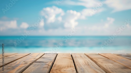 Empty wooden table on blurred tropical sea and sky background : Generative AI