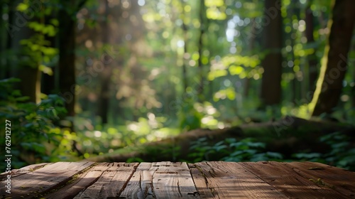 Beautiful blurred boreal forest background view with empty rustic wooden table for mockup product display Picnic table with customizable space on tabletop for editing Flawless : Generative AI