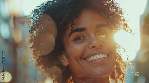 Portrait of cheerful african american female with curly hair smiling and looking at camera while standing on street with blurred background : Generative AI