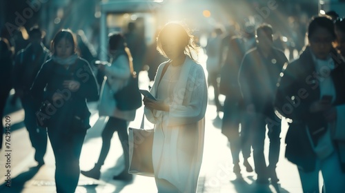Woman standing amidst a busy office going crowd hooked to their mobile phones Businesswoman holding her hand bag standing still on a busy street with people walking past her using mobi : Generative AI