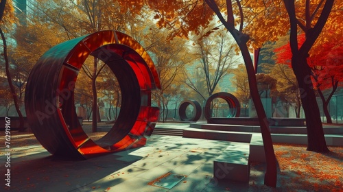 Autumnal Arches: A park with a large red circle sculpture and several benches