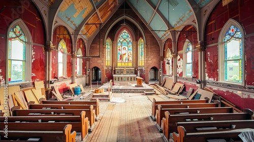 A historic church undergoing renovation, its stained glass windows carefully restored to their former glory