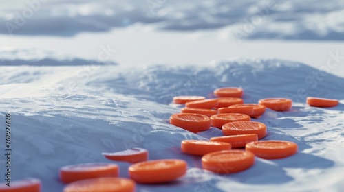 A pile of bright orange pucks tered across the snowy surface waiting to be picked up and put to use by eager players.