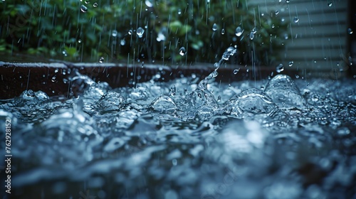 Pattering rainwater flows from a gutter, a scene of urban rainfall