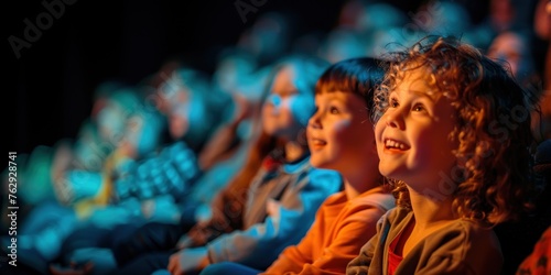 Enthralling Live Theater Three Kids Mesmerized by Vibrant Blue Light, Faces Aglow with Wonder, Lost in Creativity and Imagination, Captivated by Spellbinding Performance