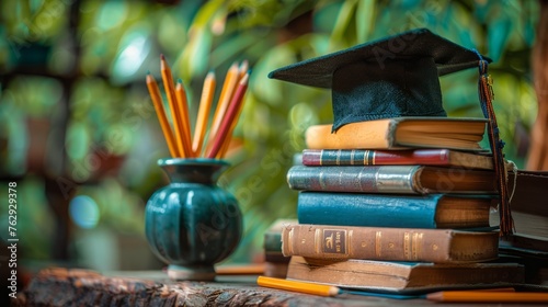 Graduation cap on a stack of books with pencils, the pursuit of knowledge and success