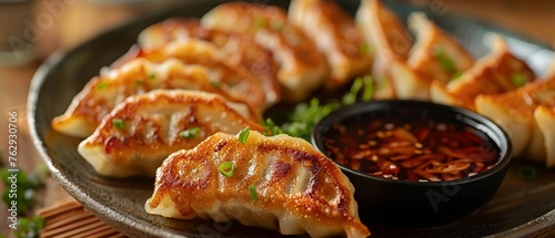 Plate of gyoza with dipping sauce soft background
