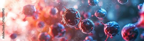 Illustration depicting a close-up view of various colorful virus particles suspended in a fluid environment, representing microbiology and virology concepts.