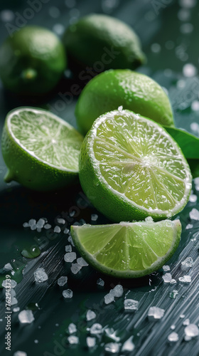 Sliced limes on a dark slate, artfully sprinkled with sea salt for a fresh look. Generated AI.