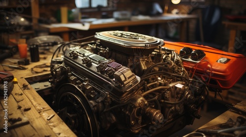 Car Engine on Wooden Table