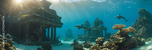 Panoramic view of underwater ancient ruins. Dolphin swimming around