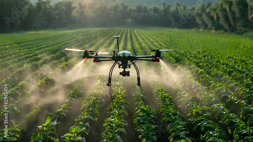 Modern technologies in agriculture. industrial drone flies over a green field and sprays useful pesticides to increase productivity and destroys harmful insects, increase productivity, generative ai