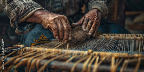 A woman is weaving a piece of cloth
