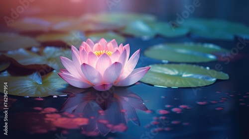 An open lotus flower on the lake. The concept of meditation and spirituality. Fabulousness and fantasy.