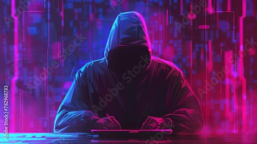 Hooded hacker at computer screen, cybercrime in neon digital art style