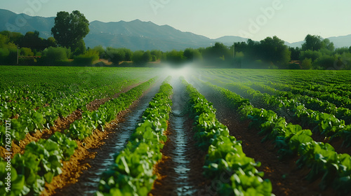 An irrigation system watering a field of crops