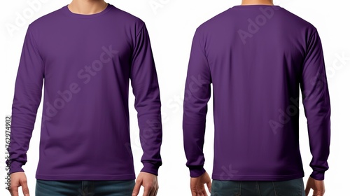 A man is wearing a purple t-shirt with full sleeves, both on the front and back sides. mockup