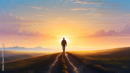 A human figure walking towards a sunrise, with the path illuminated, Background Image