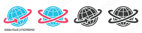 Orbit of satellite around earth planet icon vector simple graphic set, world spin rotation direction trajectory arrow symbol, sphere turning travel circuit pictogram, global network tech image clipart